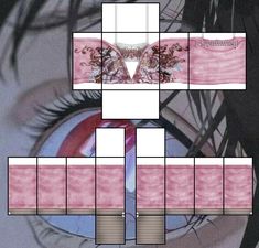 an anime eye with pink and white squares around the iris's eyes, which are surrounded by smaller rectangular boxes