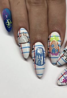 Cartoon Nail Designs Short, Character Nail Art Disney, Bobs Burgers Nails, Goofy Nails, Tv Nails, 90s Cartoon Nails Acrylic, Movie Nails, Character Nail Art, Spongebob Nails