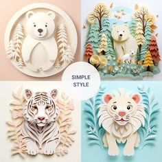 four different types of paper cut out animals and trees with the words simple style on them