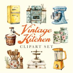 vintage kitchen clipart set with watercolors and hand painted items in orange, blue, green, yellow