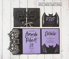 bat themed wedding stationery with black and purple paper cutouts, bats and lace