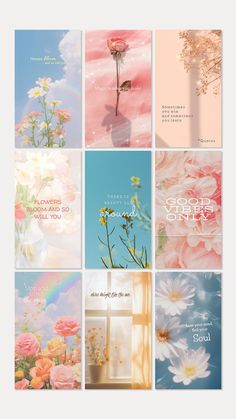 six different cards with flowers and the words good morning on them, all in pastel colors