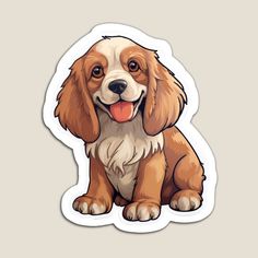 a brown and white dog sticker sitting on top of a gray surface with its tongue out