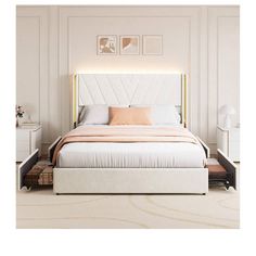 a white bed sitting in a bedroom next to a night stand and nightstand with two pictures on the wall