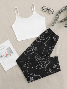 Free Returns ✓ Free Shipping✓. Solid Cami Top & Figure Graphic Pants PJ Set- Women Pajama Sets at SHEIN. Graphic Pants, Adrette Outfits, Teen Stuff, Cozy Clothes, Extra Outfits, Graphic Pant, Home Wear Women Casual, Embroidery Hearts, Teen Outfits