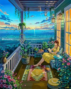 a painting of a woman sitting on a porch next to flowers and potted plants