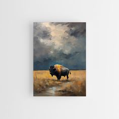 an oil painting of a bison standing in a field under a cloudy sky with dark clouds