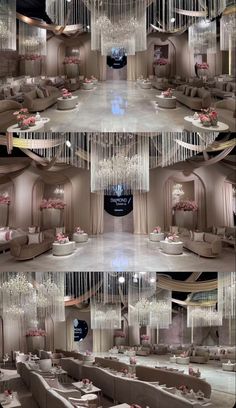 the inside of a restaurant with chandeliers hanging from the ceiling and tables set up