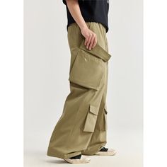 Summer High Street Multi-Pocket Wide Leg Cargo Pants Fabric: 100%Polyester Size: S, M, L, XL Style: Cargo Pants Pants Type: Wide Leg Pants Multiple Color Selections: Khaki, Brown  Season: Spring, Fall, Summer Techwear Wide Leg Bottoms With Patch Pockets, Techwear Wide Leg Parachute Pants With Patch Pockets, Techwear Wide Leg Cargo Pants With Patch Pockets, Techwear Wide-leg Pants With Cargo Pockets, Techwear Pants With Pockets For Outdoor Activities, Khaki High Waist Cargo Parachute Pants, Green Wide Leg Techwear Cargo Pants, Green Wide Leg Techwear Bottoms, Green Wide-leg Techwear Bottoms