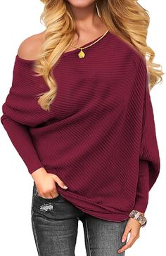 VOIANLIMO Women's Off Shoulder Knit Jumper Long Sleeve Pullover Baggy Solid Sweater Burgundy M at Amazon Women’s Clothing store Trendy Denim, Solid Sweaters, Vintage Swimsuits, Burgundy Sweater, Red Sweater, Favorite Sweater, Knitting Women, Knit Jumper