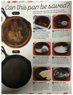 an old skillet is shown with instructions for how to cook it and what to use it