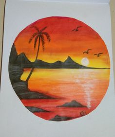 a painting of a sunset with birds flying over the water and mountains in the distance