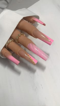 "\"Bubble Yumm\" ( xxl square in picture) *Gorgeous Ombre Pink nails with Vtip and marble detail  *You will receive a set of 10 nails, nail file, wooden cuticle pusher, alcohol wipe, and detailed instructions on how to apply and remove your nail set *Please order a sizing Kit first if you do not know which size nail set to order Instagram: @Pressed_by_Steph_T www.Pressedbystepht.com" Long Acrylic Nails Pink Glitter, Pink And Nude Nail Designs, Cool Nail Designs 2024, Pink Acrylic Birthday Nails, Square Design Nails, Pink Coffin Nail Designs, Pink Nail Sets, Ombre Pink Nails, Ombre Nails Coffin