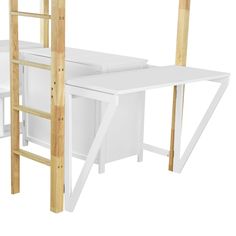 a loft bed with a desk underneath it and ladders to the top bunkbed