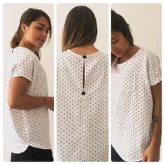 three different views of a woman wearing a white shirt with black polka dots on it