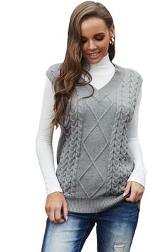 Gray Sleeveless Cable Knitted Sweater Tank Wacky Clothes, Loose Vest, Sleeveless Jumper, Cozy Style, Knitted Vest, Chunky Knit Sweater, Sweater Vest Women, Vest Pattern, Sweater Tank