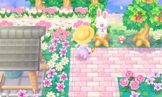 an animal crossing game with flowers and trees in the foreground, and a rabbit running through it