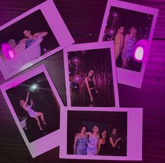 four polaroid photos of women in bathing suits on a wooden table with purple light