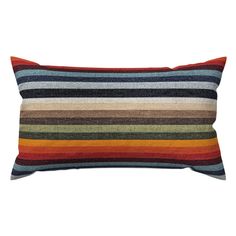 a multicolored striped pillow on a white background