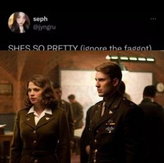 a man and woman in uniform standing next to each other with the caption she's so pretty i have the factoron