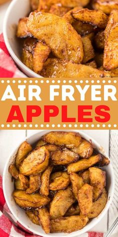 air fryer apples in white bowls with text overlay