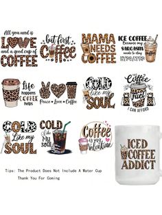 coffee mugs and stickers with words that say i love you, mama needs coffee