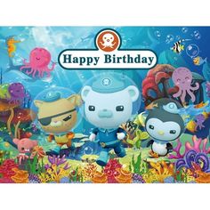 an image of happy birthday card with cartoon animals and fish on the seabeds