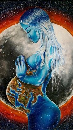 a painting of a woman holding the earth in her hands and looking at the moon