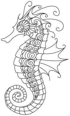 a black and white drawing of a seahorse with swirls on it's tail