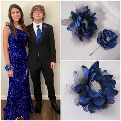 two people in formal wear standing next to each other and one person wearing a blue dress