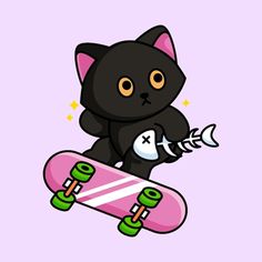 a black cat is holding onto a pink skateboard