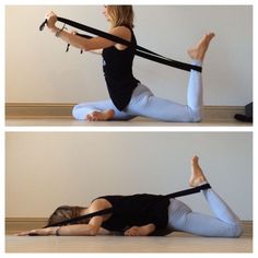 the woman is practicing her yoga moves with straps on one side and in the other