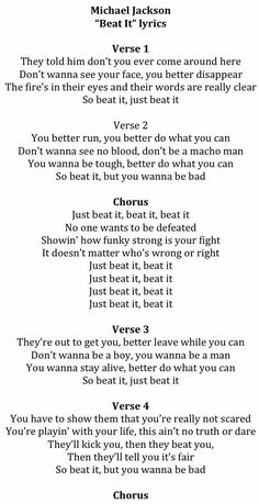 a poem written in black and white with the words michael jackson, beat it lyrics