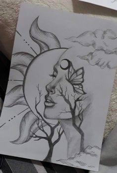 a drawing of a woman's face next to a tree and bird on the moon