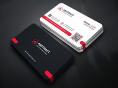 two business cards with red and black accents on a dark surface, one has a qr code