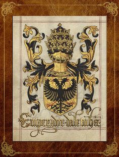 an old book with gold and black designs on the front, featuring a coat of arms