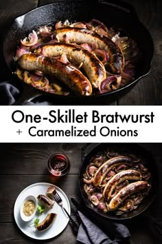 one skillet bratwurst and caramelized onions in a cast iron skillet