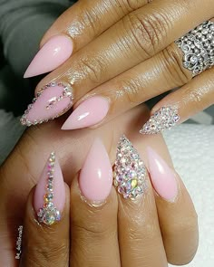 Rhinestone Stilleto Nails, Birthday Stiletto Nails, Bling Almond Nails, Glam Nails Rhinestones, Almond Birthday Nails, Almond Nails With Gems, Fancy Pink Nails, Nails With Gemstones, Pink Diamond Nails