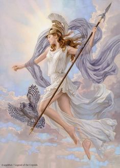 an image of a woman holding a spear and flying through the air with clouds behind her