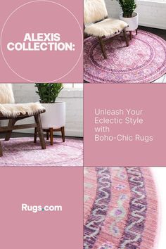 the rugs collection is available in multiple colors and sizes, including pink with purple accents