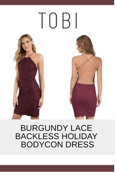 Make them notice you in this burgundy lace backless holiday bodycon dress. Can you imagine getting dress up cocktail party gowns and dresses for Christmas and New Year's Eve outfits on sale? Now's your chance to save. Why pay more when you can get cute winter festivity clothing and beautiful formal attire for ladies at affordable prices from TOBI. #shoptobi #holidaydress #bodycondress Red Long Sleeve Bodycon Dress, Maroon Dresses, Dresses For Christmas, Burgundy Bodycon Dress