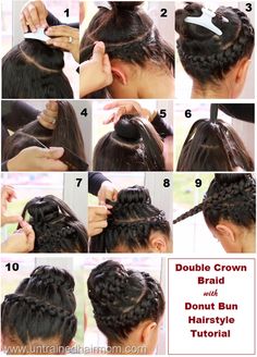 Double Crown Braid with Sock Bun #Hairstyle Tutorial #hair #beauty Donut Bun Hairstyles, Twisted Hair, Crown Braid, Braided Hairstyles Tutorials, Natural Hair Care