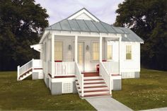 a small white house with steps leading to the front door and second story porch area