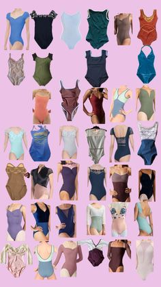 many different types of women's bodysuits are displayed on a pink background