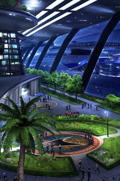 an artist's rendering of a futuristic city with palm trees in the foreground