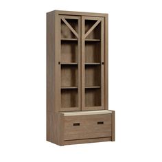 a wooden cabinet with drawers and doors