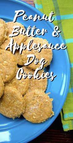 peanut butter and appetizing dog cookies on a blue plate with the words peanut butter and appetizing dog cookies