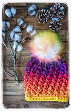 a multicolored knitted hat next to cotton flowers