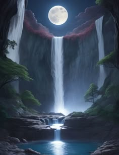 a waterfall with a full moon in the sky above it and water running down to it