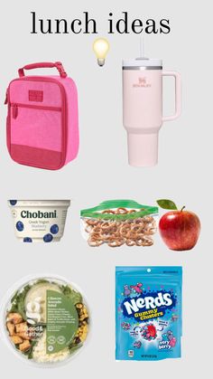 lunch ideas for the school year are in pink and blue, including an apple, cereal bag